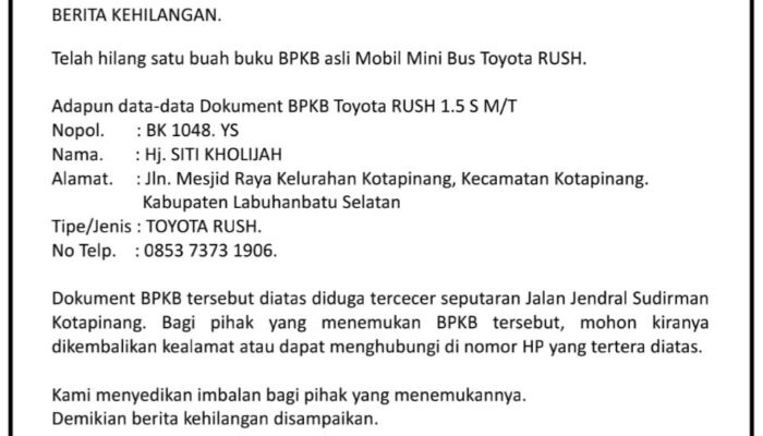 Pengumuman (3), Telah Hilang Sebuah Buku BPKB Asli Mobil Mini Bus Toyota Rush BK1048YS